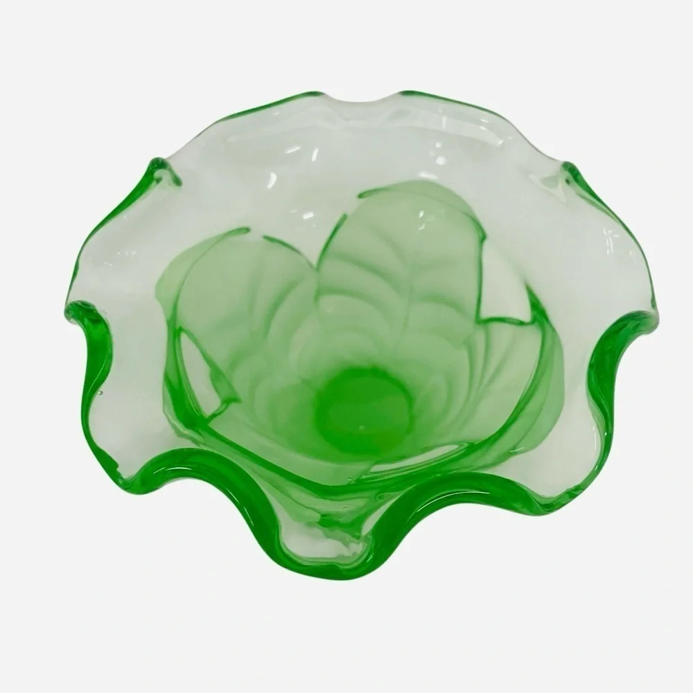 Viking Glass Cabbage Leaf Lime Green Compote Dish Vintage 5.25